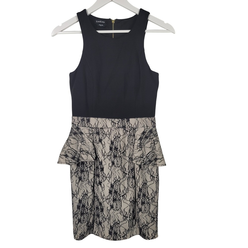 Bebe Black‎ Lace overlay Peplum Dress Sz XS Whimsigoth Party Evening